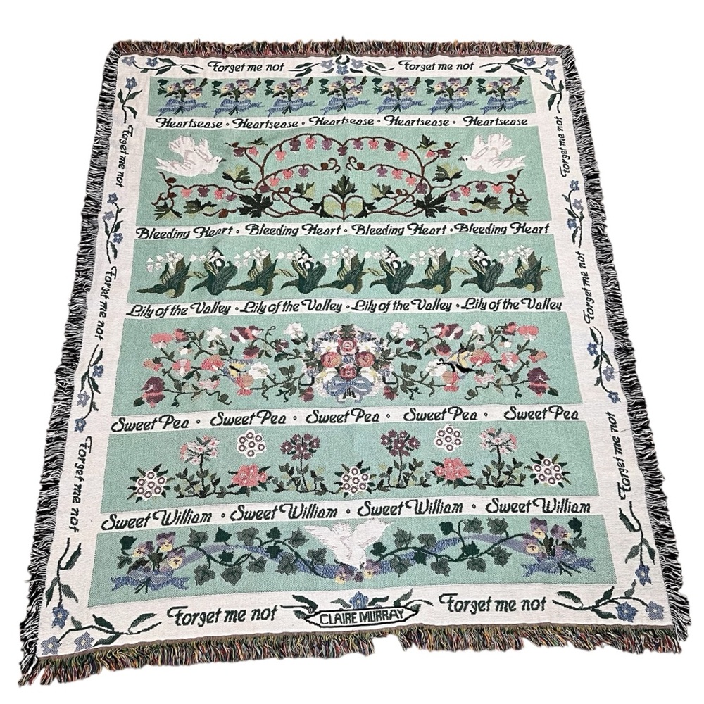 Vintage Rug Barn Claire Murray Knit Blanket Throw Forget Me Not Flowers Fringe